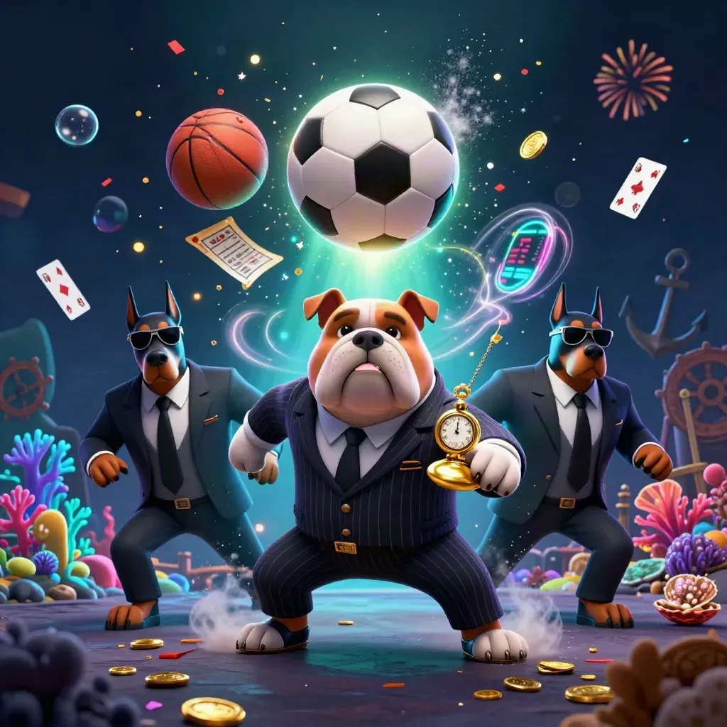 Bulldog boss and two Dobermans amid exploding sports and treasure effects