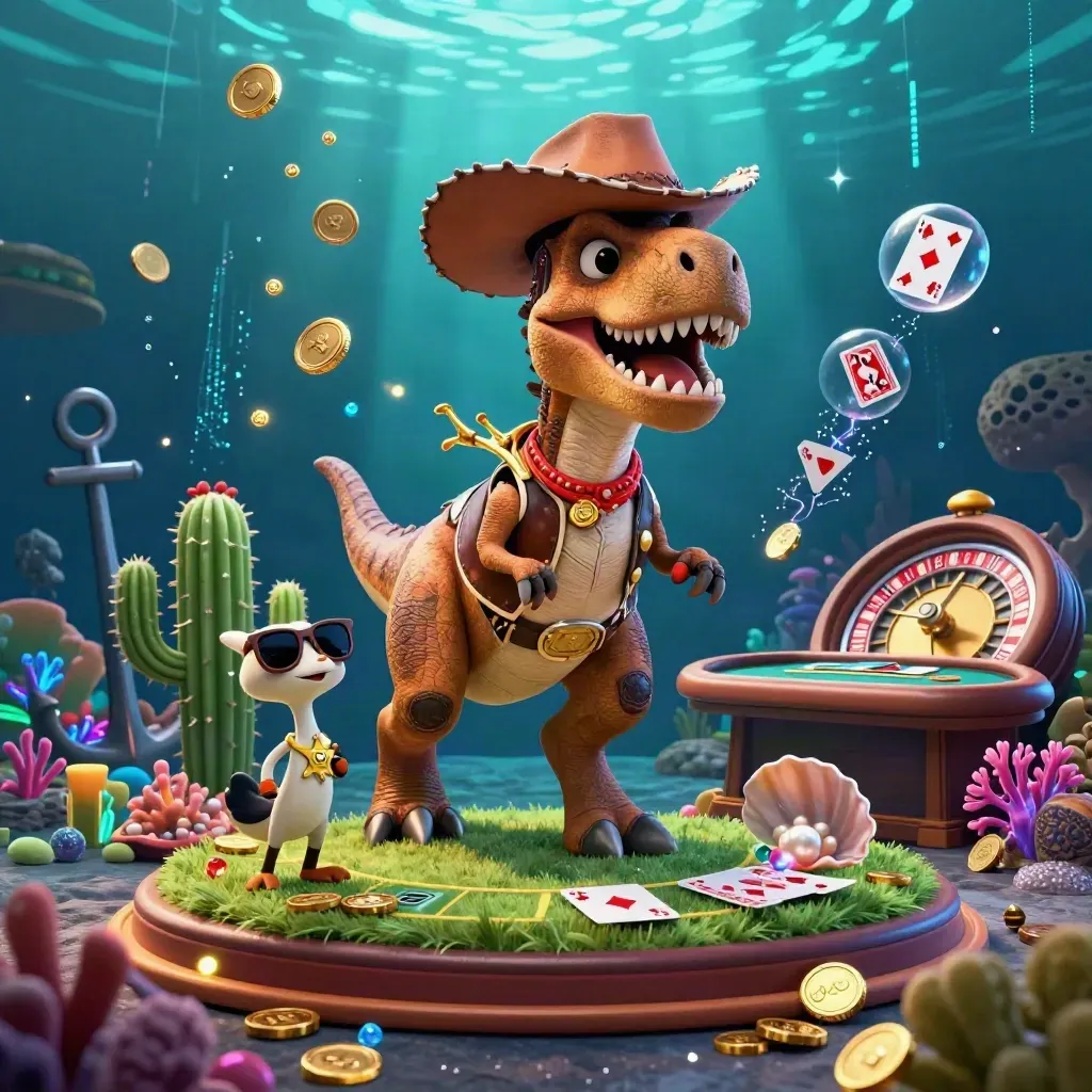 Cowboy T-Rex, cactus, and roadrunner in a glowing underwater casino cove with coins and neon energy.