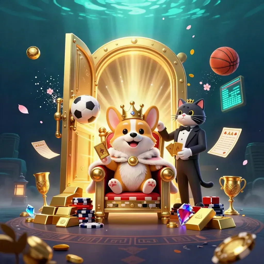 Royal corgi and cat butler amid gold vault, chips, balls, and teal light.