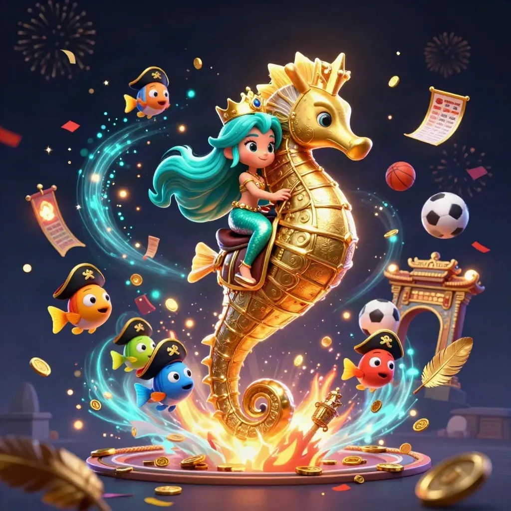Mermaid princess on armored seahorse amid casino-sports magic, coins, balls, and glowing effects.