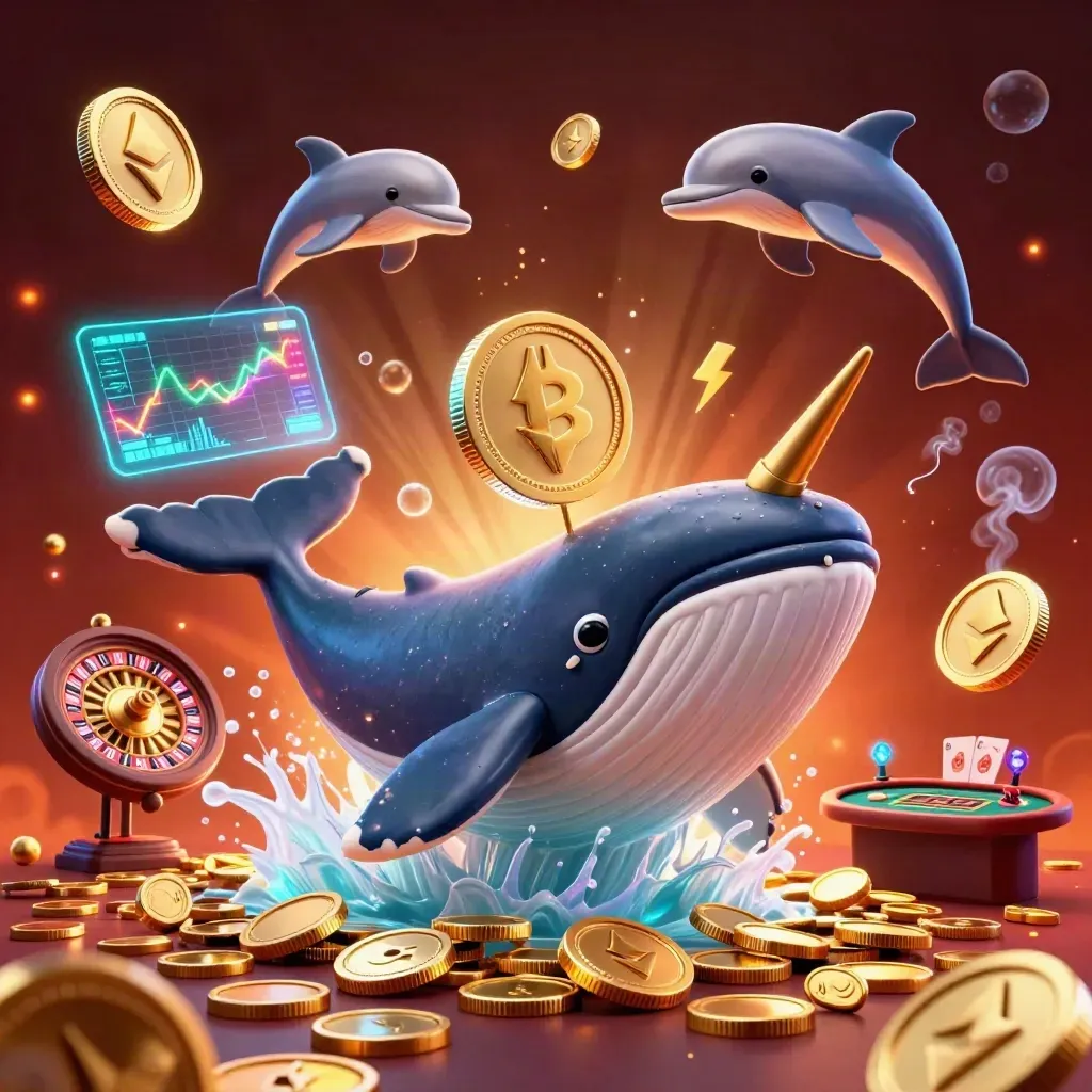 Whale captain, narwhal, and dolphins amid coins, crypto, and casino lights in a neon luxe room.
