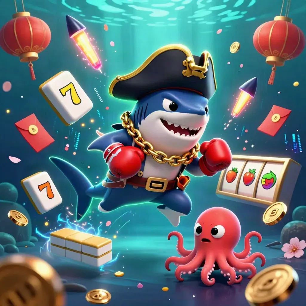 Pirate shark, boxing pufferfish, and juggling octopus burst amid casino treasures underwater.