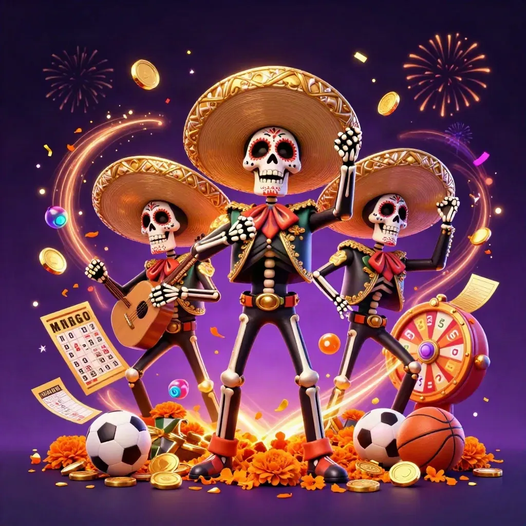 Skeleton mariachi trio amid casino treasure burst, coins, balls, tickets, and fireworks.