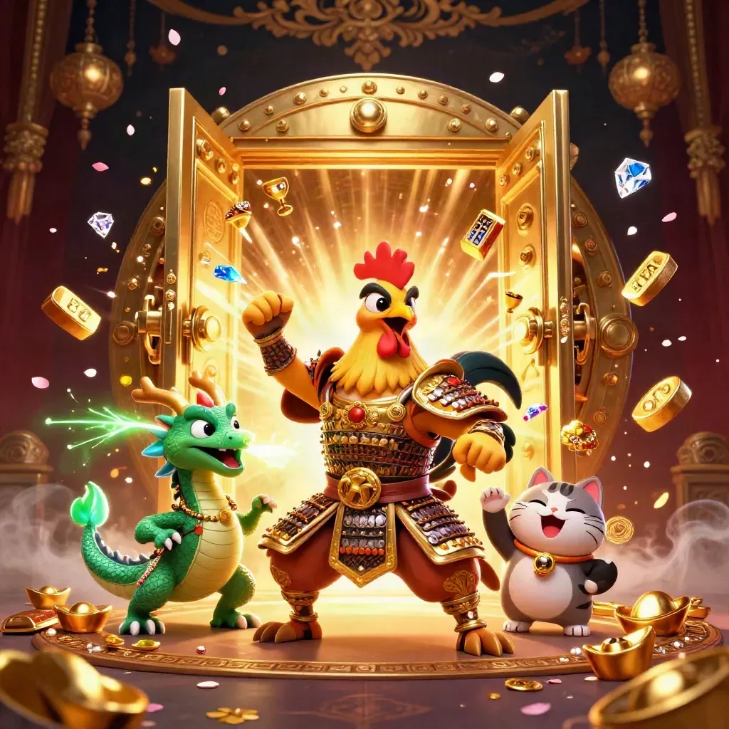 Rooster samurai, spark-breathing hatchling and lucky cat amid vault gold, reels and petals