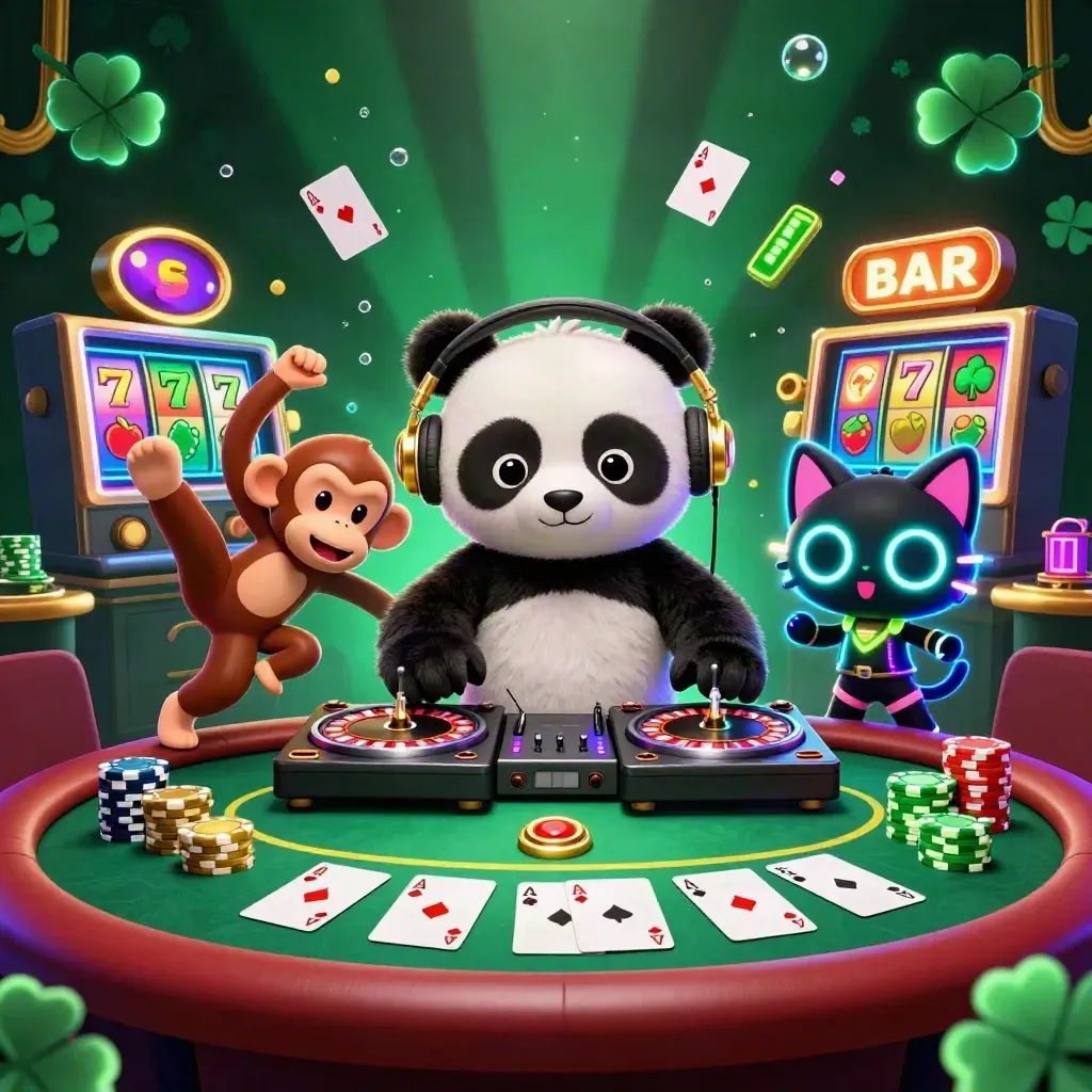 DJ panda, monkey, and kitten in neon casino chaos with cards, chips, reels, and glowing effects