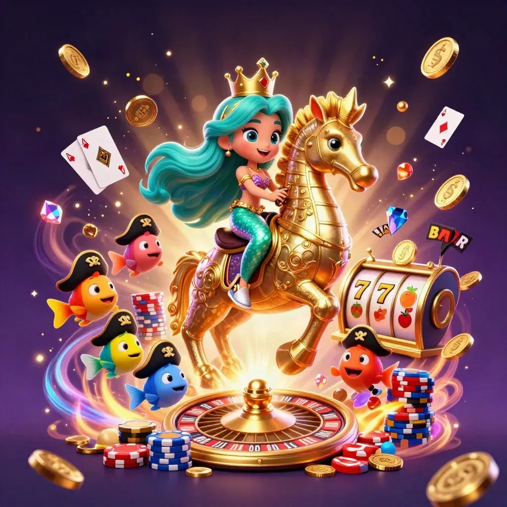 Mermaid princess on armored seahorse amid chips, cards, coins, reels and pirate fish.